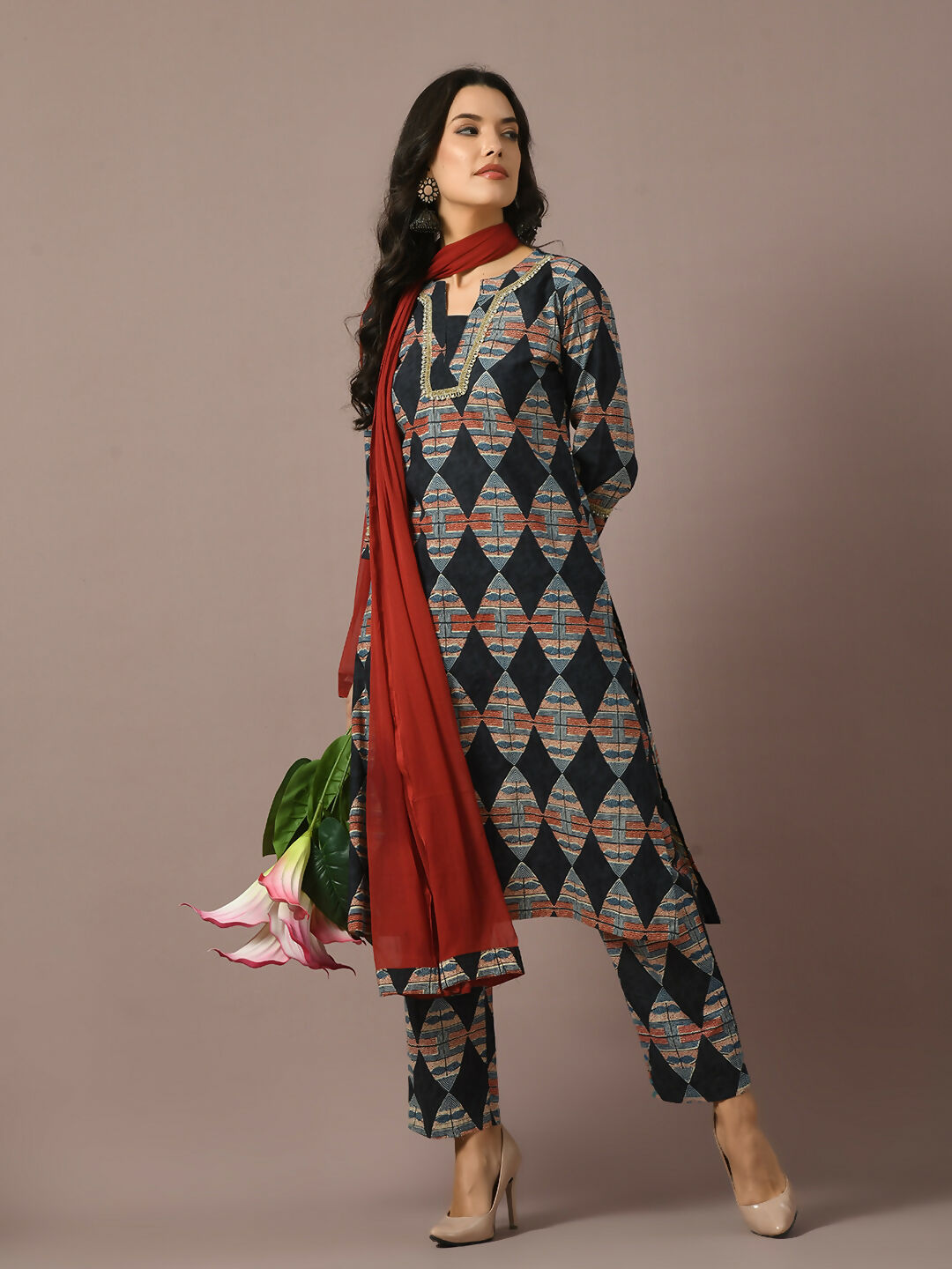 Myshka Women's Multi Printed Cotton Straight Party Kurta Set With Dupatta | Grocsy
