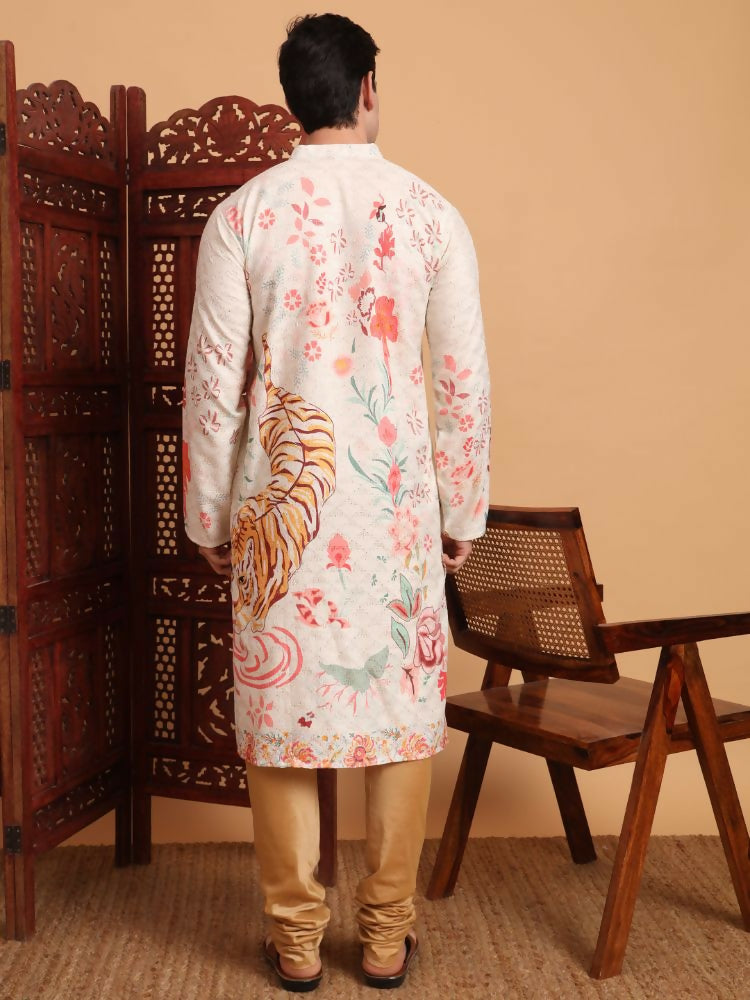Off White Cotton Printed Chikankari Embroidery Work Kurta - Mahotsav | Grocsy