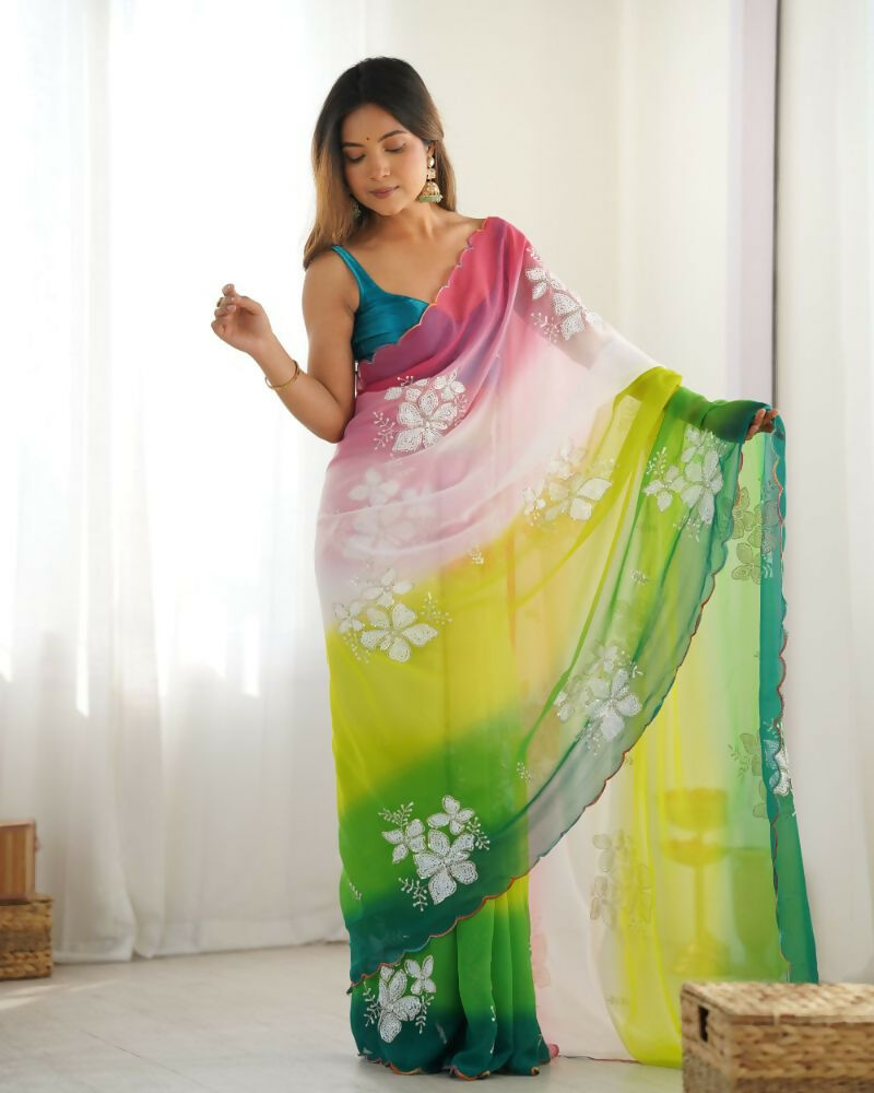 Green Georgette Pedding Color, Embroidery Work Party Wear Saree - Erisha | Grocsy