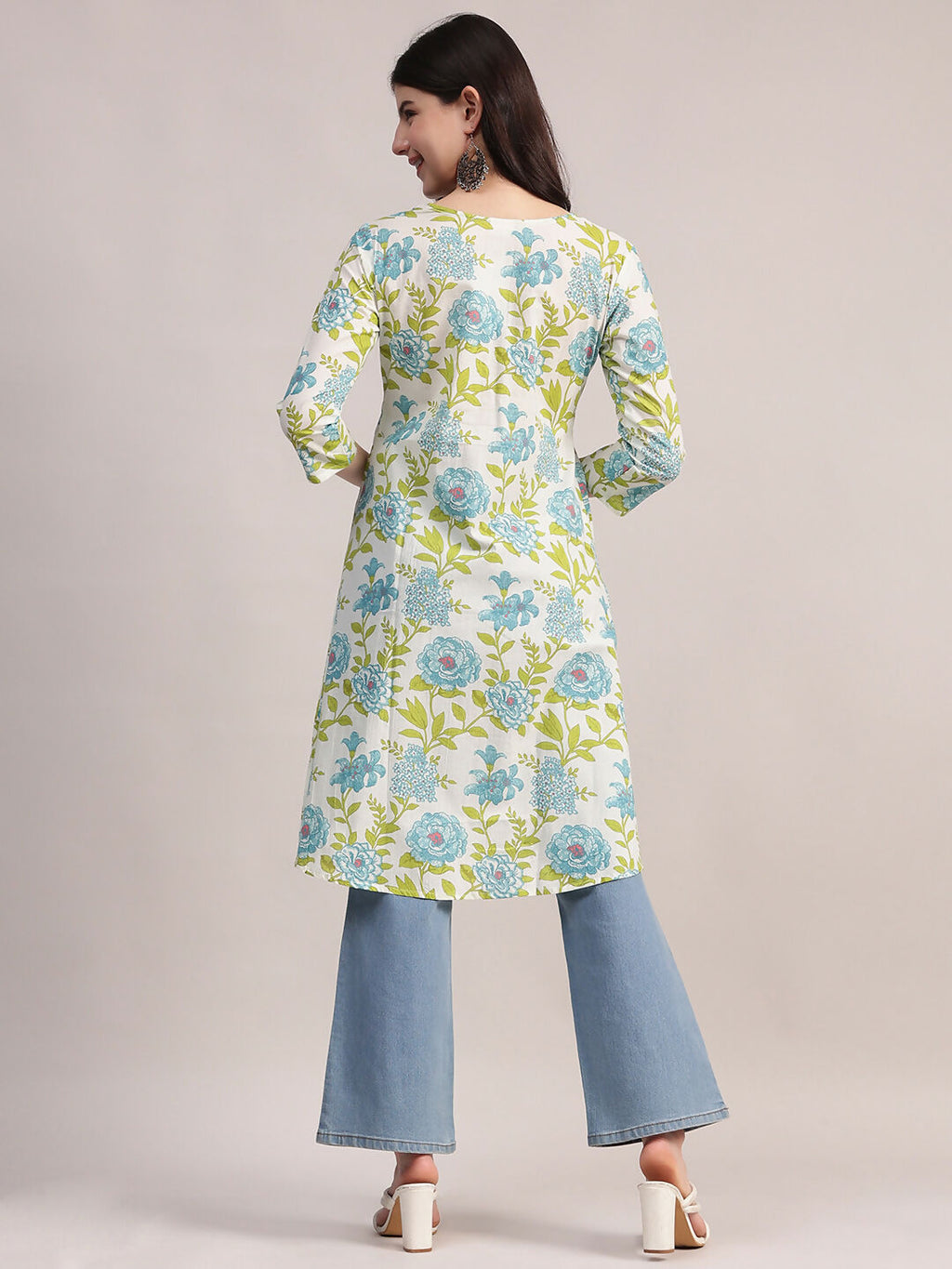 Aavyora Women's Off-White and Blue Cotton A-Line Tunic with Blue and Green Floral Print. | Grocsy