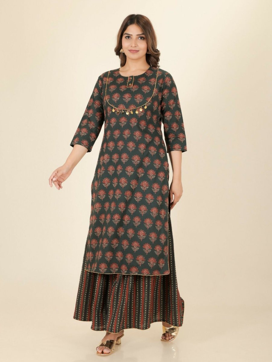 Aramya Straight Soft Cotton Ajrakh Print Women's Kurta - Green | Grocsy