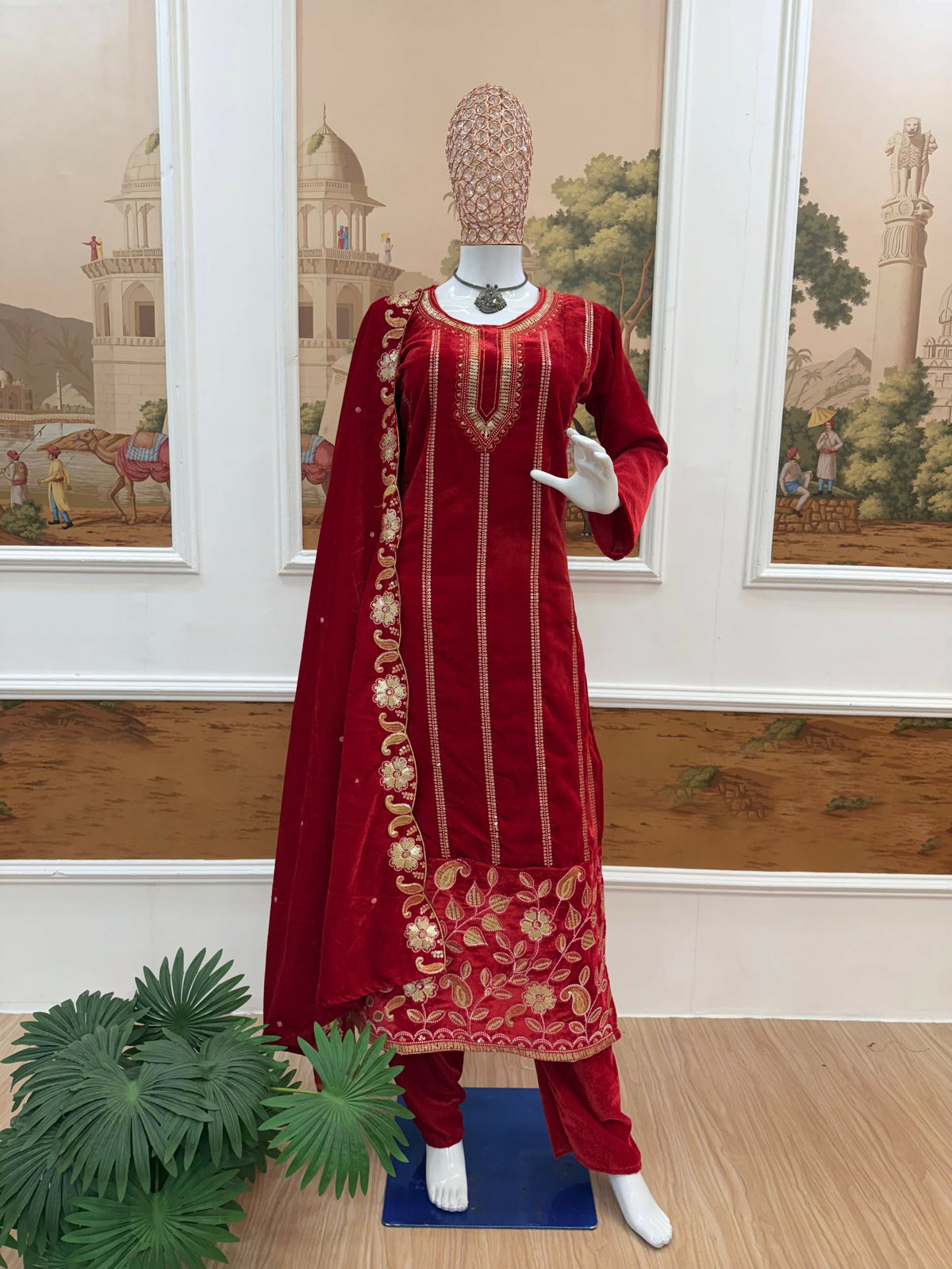 Teeya Creation Red Color Velvet Designer Embroidery Work party Wear Suit | Grocsy