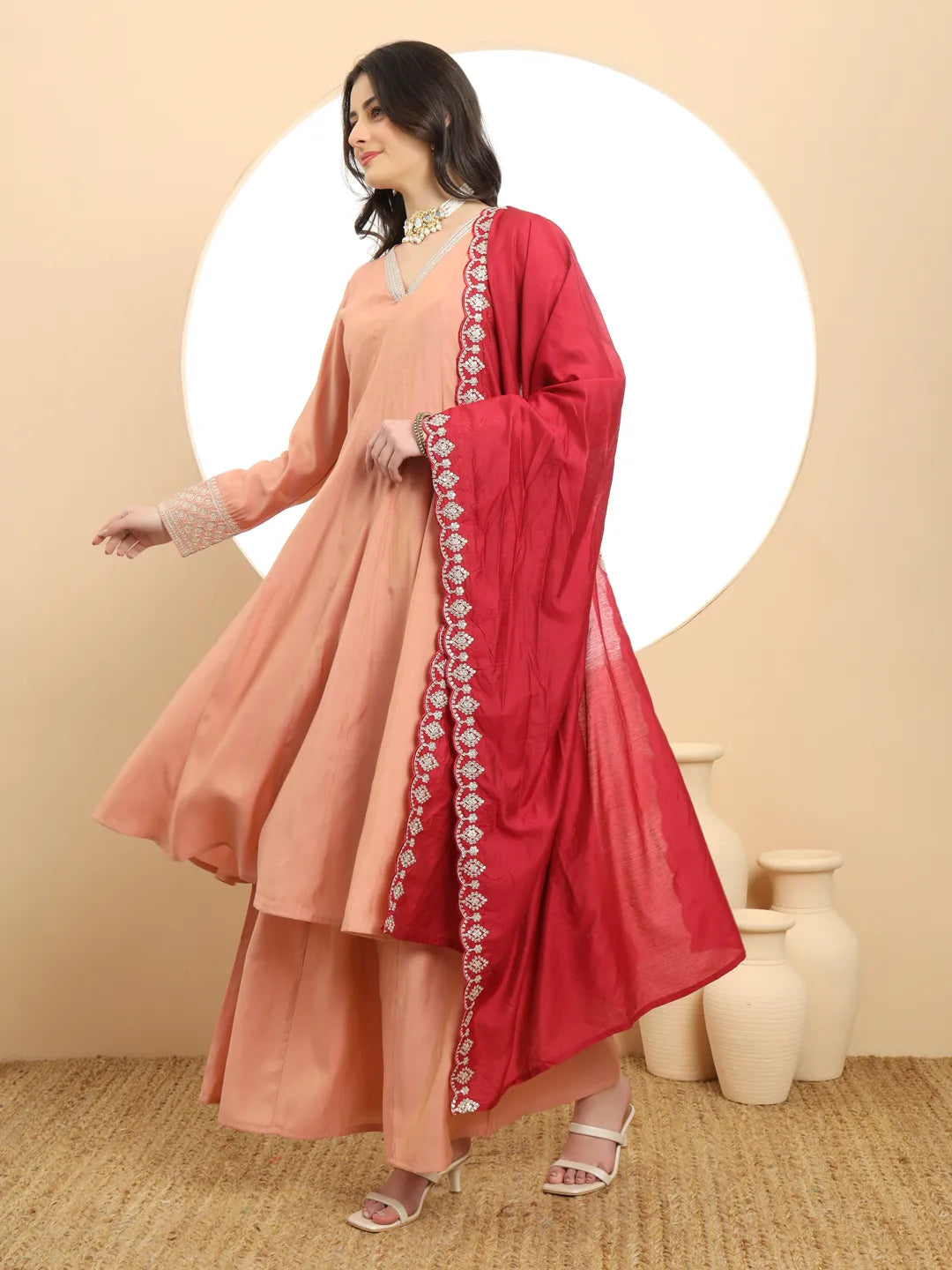 Yufta Silk Peach Anarkali Kurta Dupatta Palazzo Set | Grocsy
