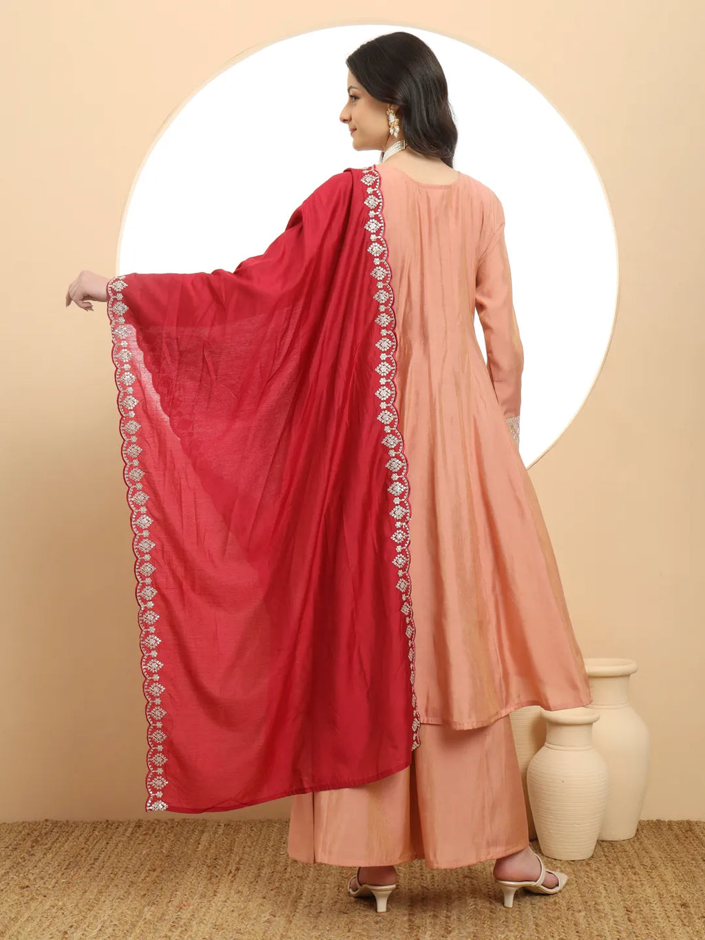 Yufta Silk Peach Anarkali Kurta Dupatta Palazzo Set | Grocsy