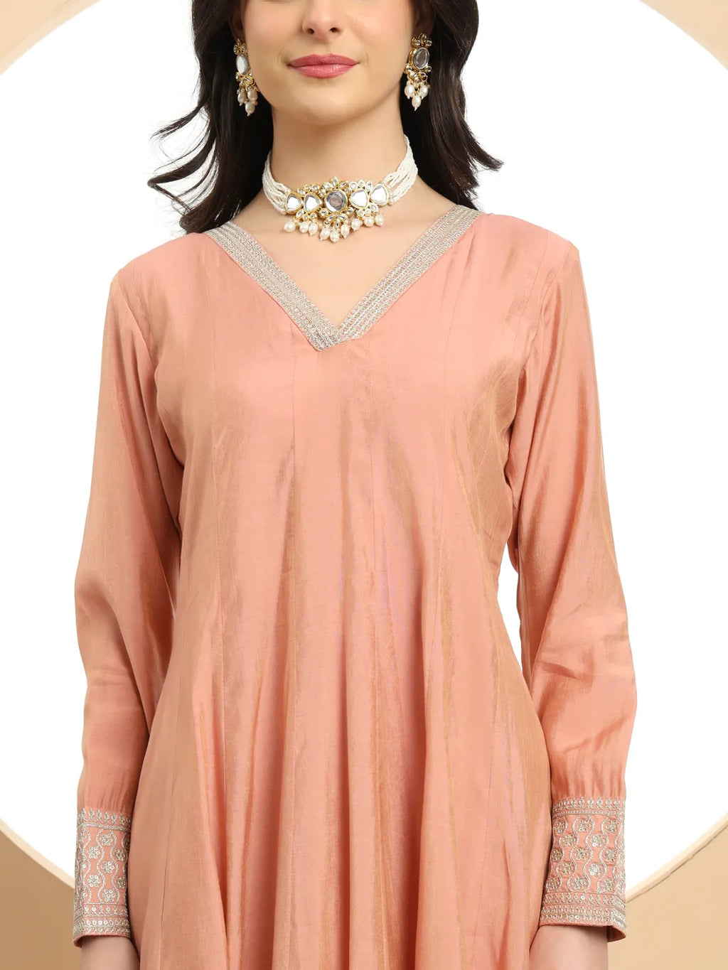 Yufta Silk Peach Anarkali Kurta Dupatta Palazzo Set | Grocsy