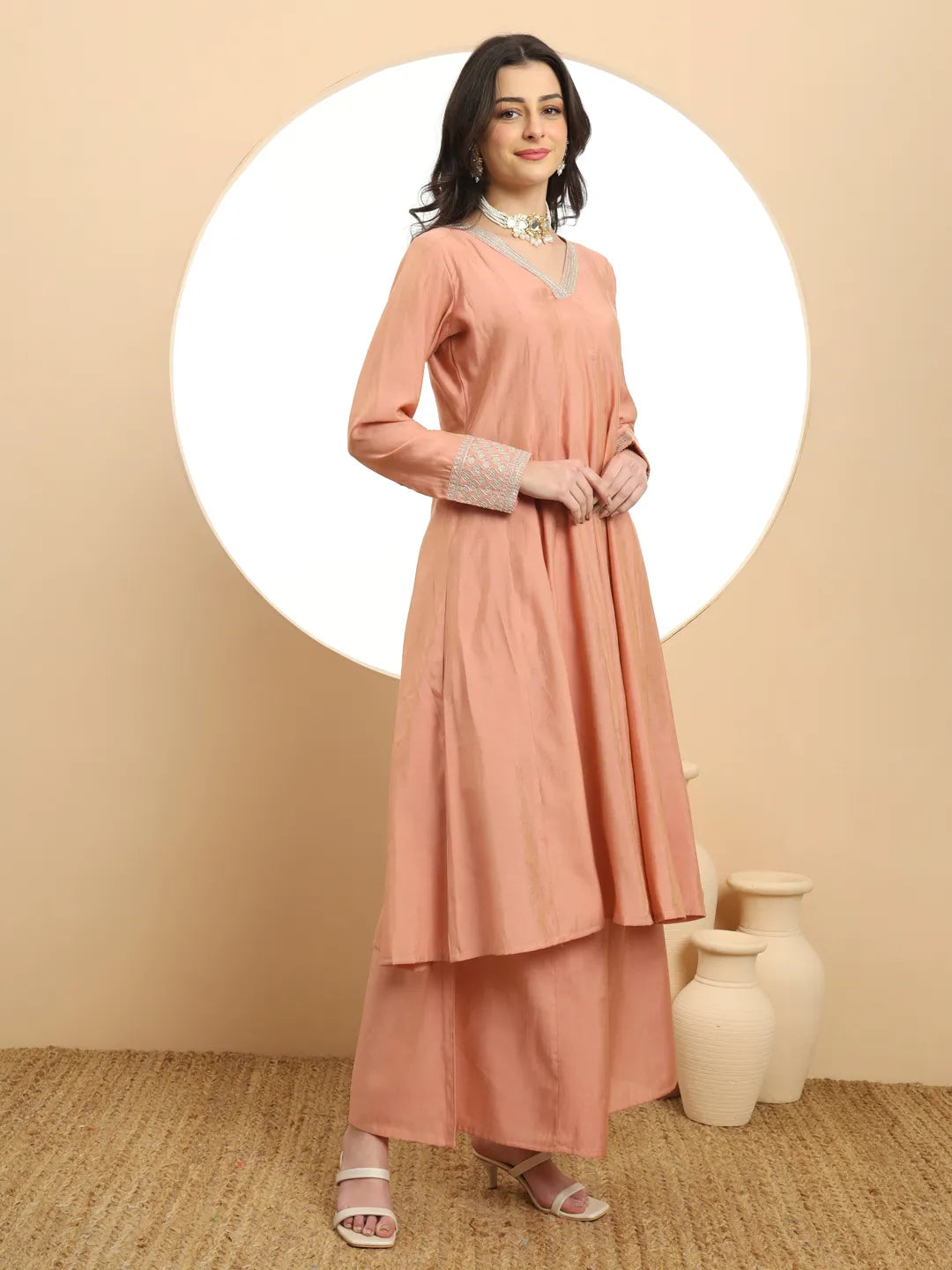 Yufta Silk Peach Anarkali Kurta Dupatta Palazzo Set | Grocsy