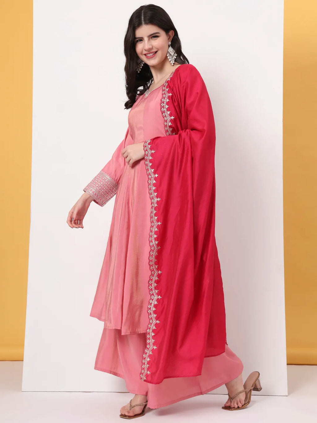 Yufta Silk Pink A Line Kurta Dupatta Palazzo Set | Grocsy