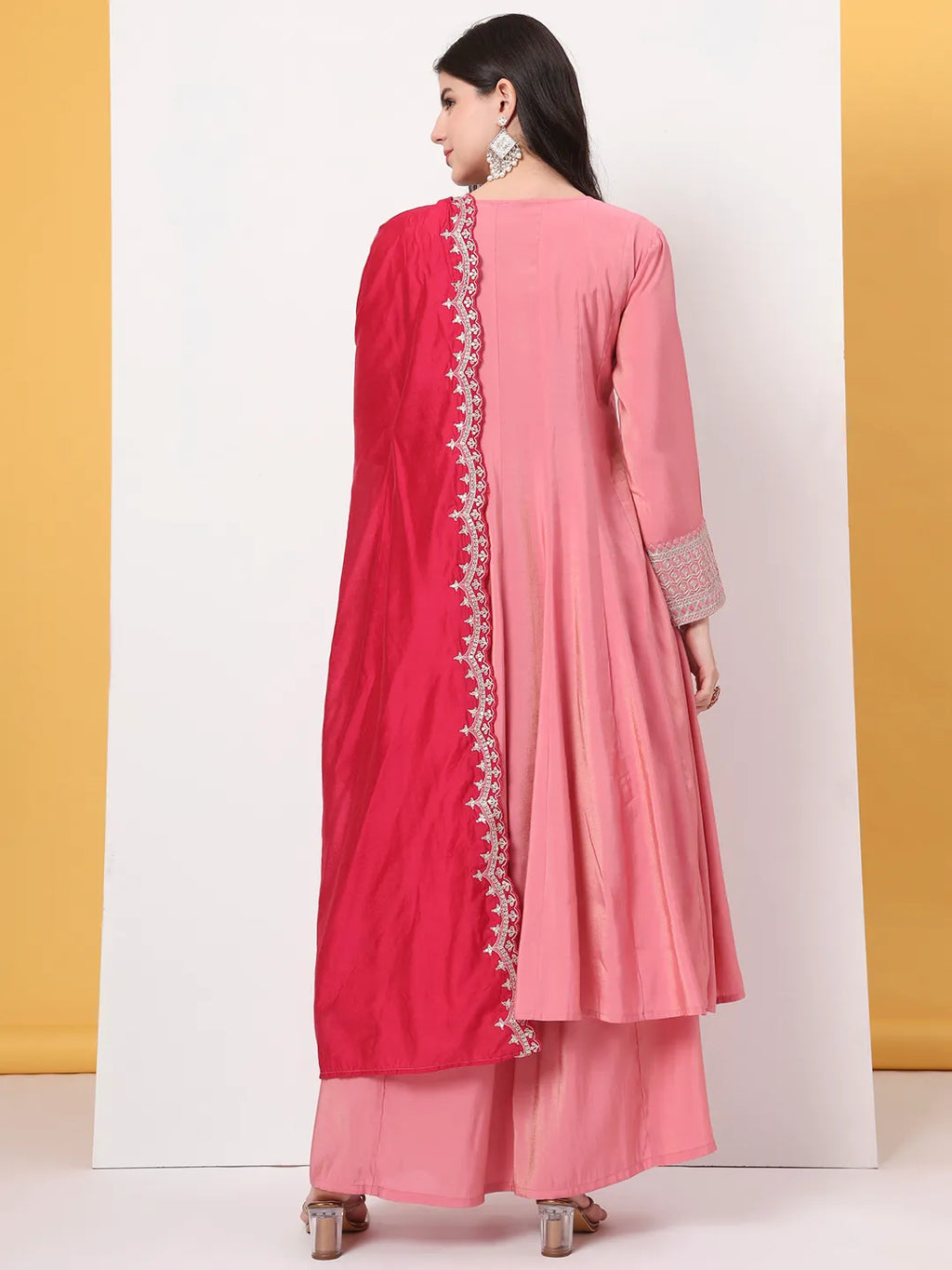 Yufta Silk Pink A Line Kurta Dupatta Palazzo Set | Grocsy