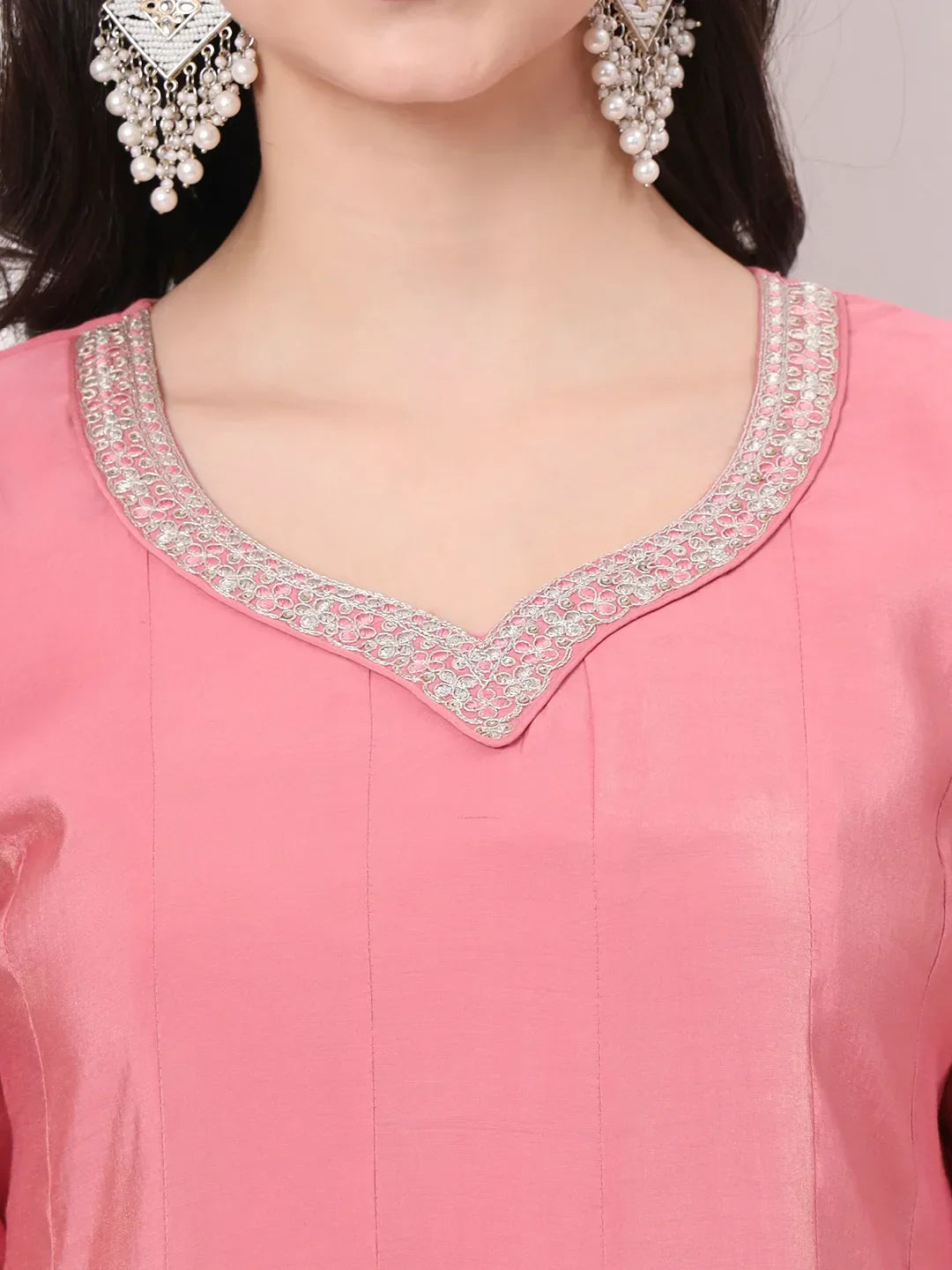 Yufta Silk Pink A Line Kurta Dupatta Palazzo Set | Grocsy
