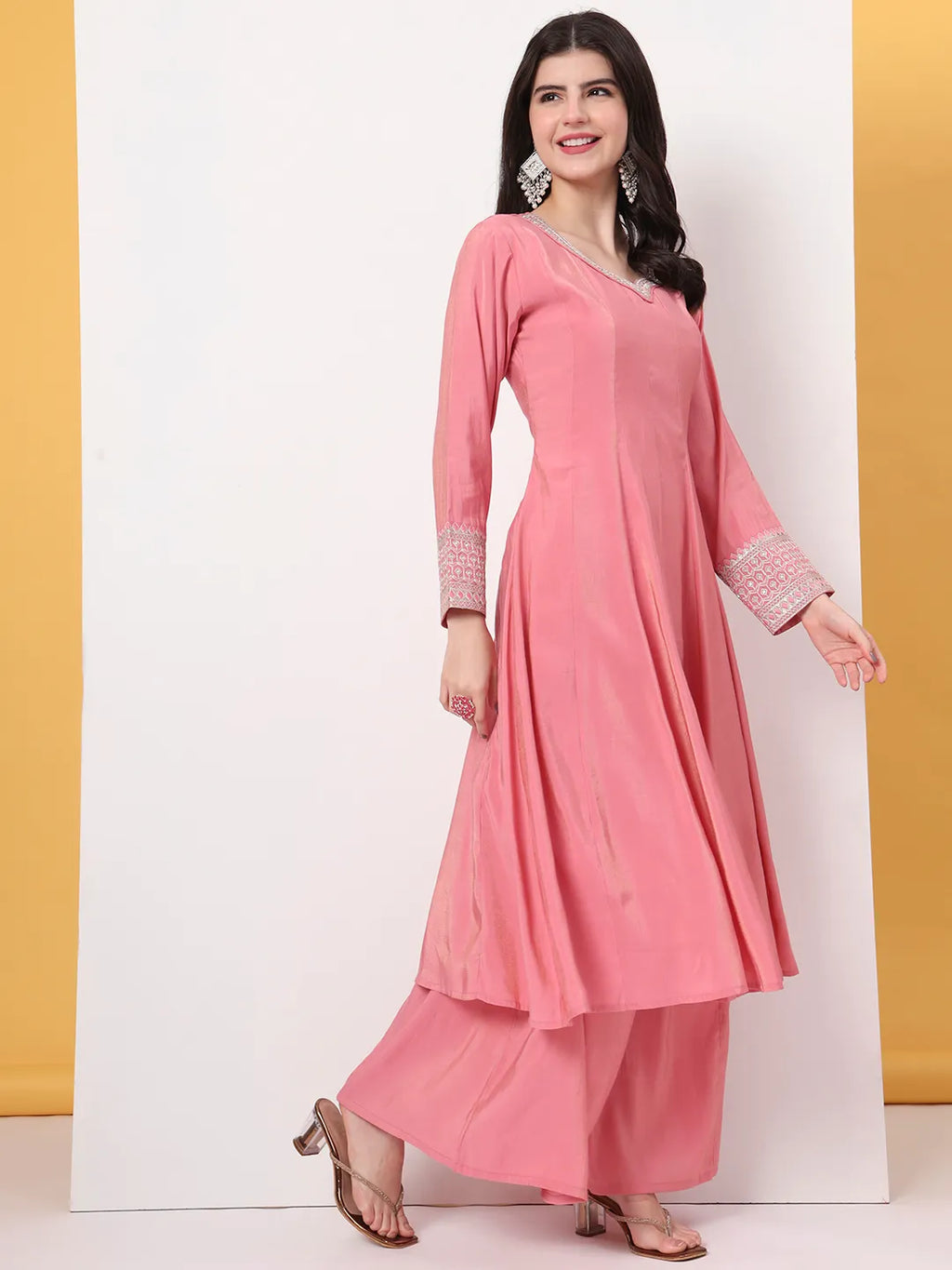Yufta Silk Pink A Line Kurta Dupatta Palazzo Set | Grocsy