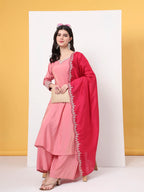 Yufta Silk Pink A Line Kurta Dupatta Palazzo Set | Grocsy