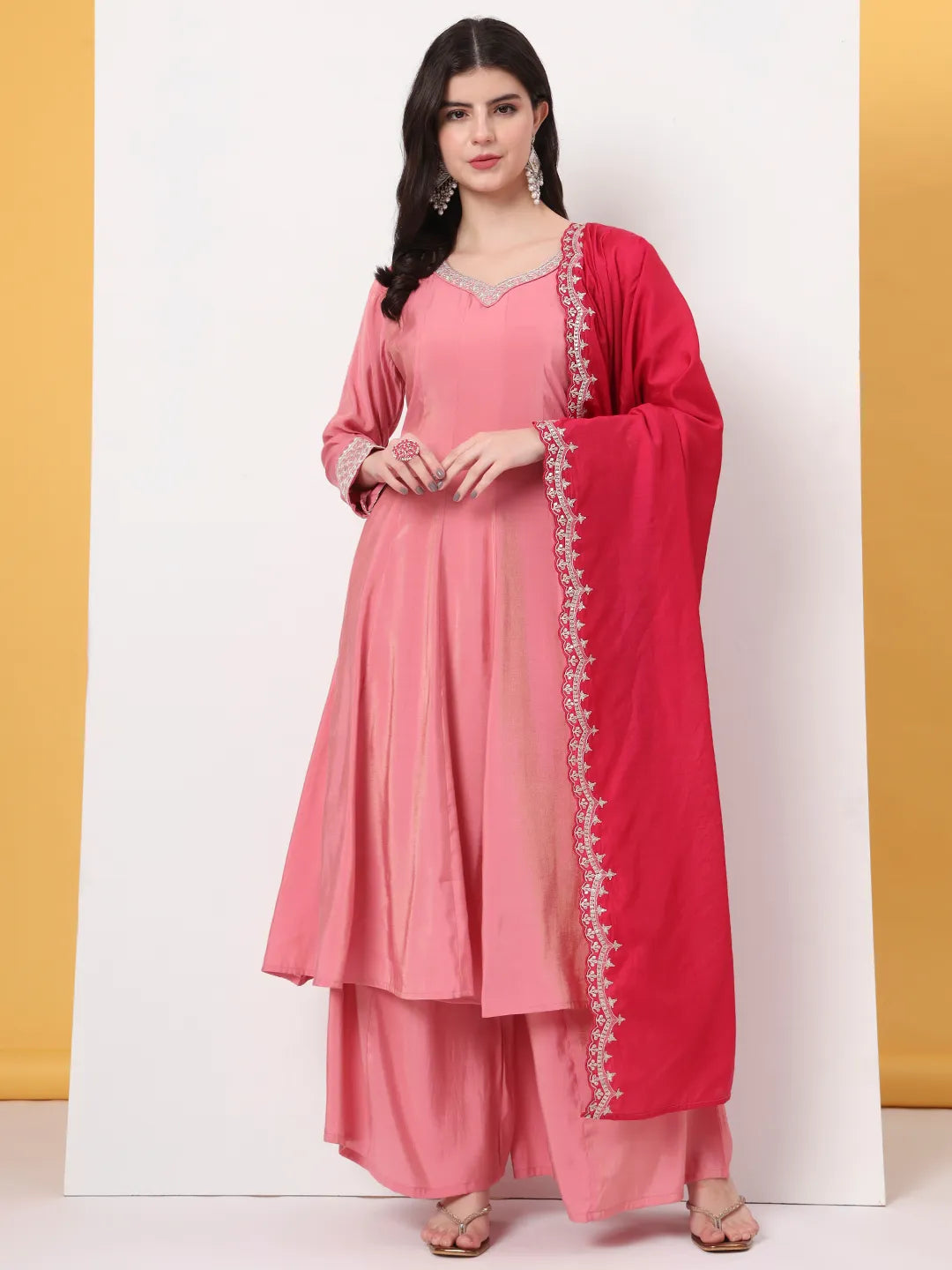 Yufta Silk Pink A Line Kurta Dupatta Palazzo Set | Grocsy