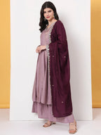 Yufta Silk Purple Anarkali Kurta Dupatta Palazzo Set | Grocsy