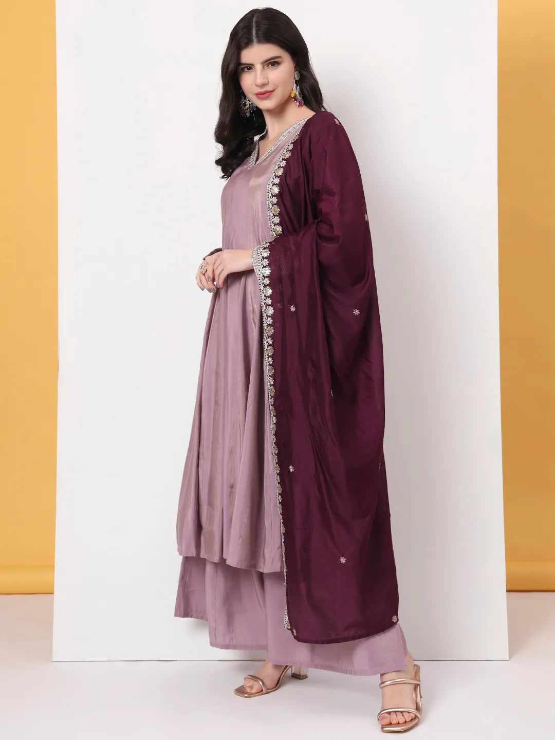 Yufta Silk Purple Anarkali Kurta Dupatta Palazzo Set | Grocsy
