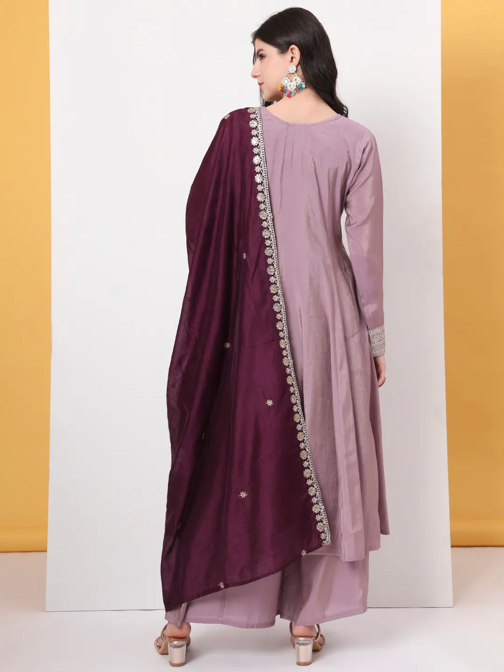 Yufta Silk Purple Anarkali Kurta Dupatta Palazzo Set | Grocsy