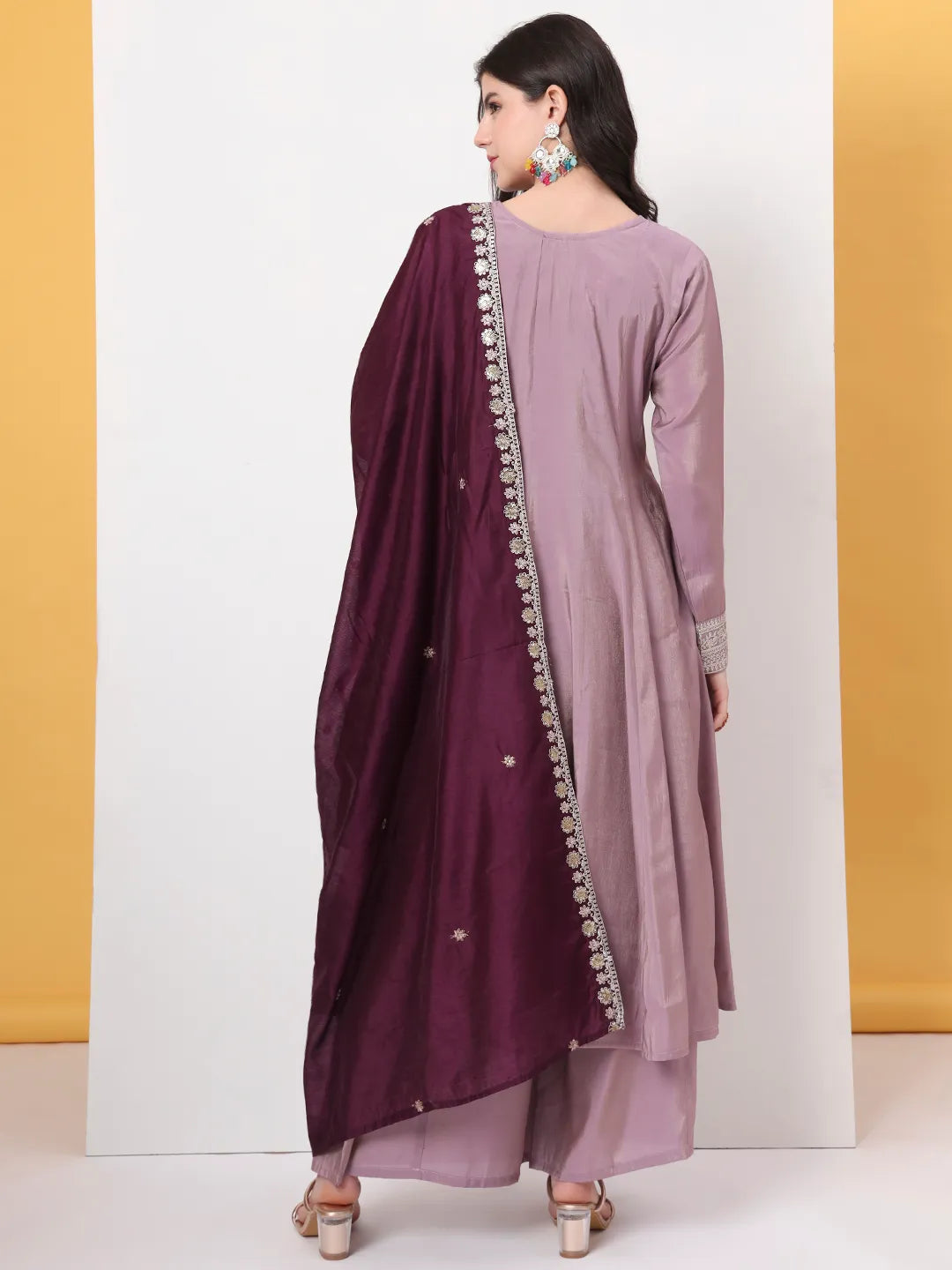 Yufta Silk Purple Anarkali Kurta Dupatta Palazzo Set | Grocsy