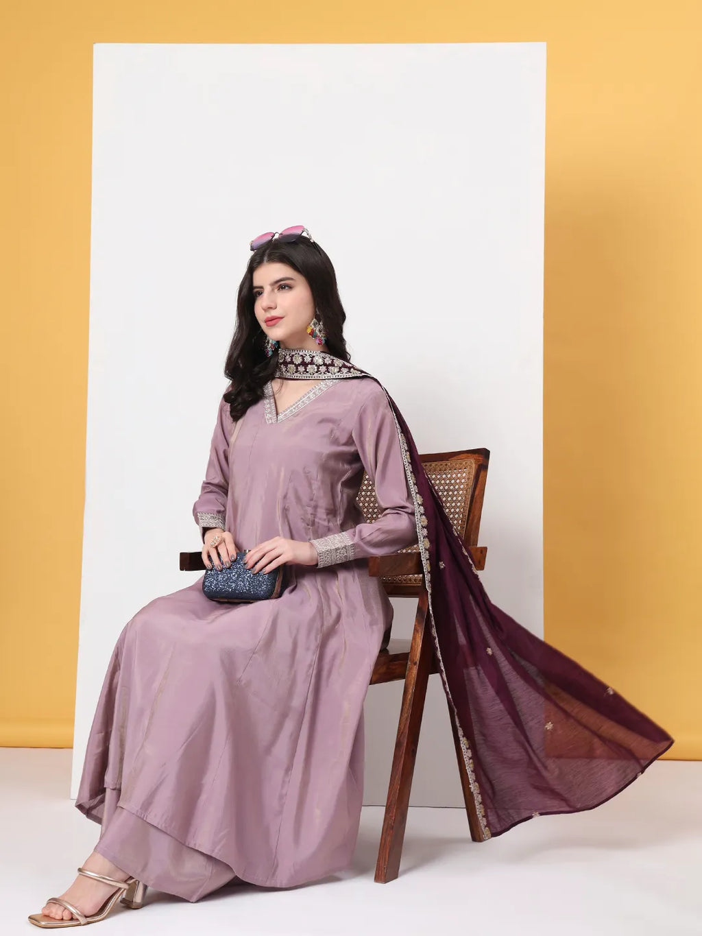 Yufta Silk Purple Anarkali Kurta Dupatta Palazzo Set | Grocsy