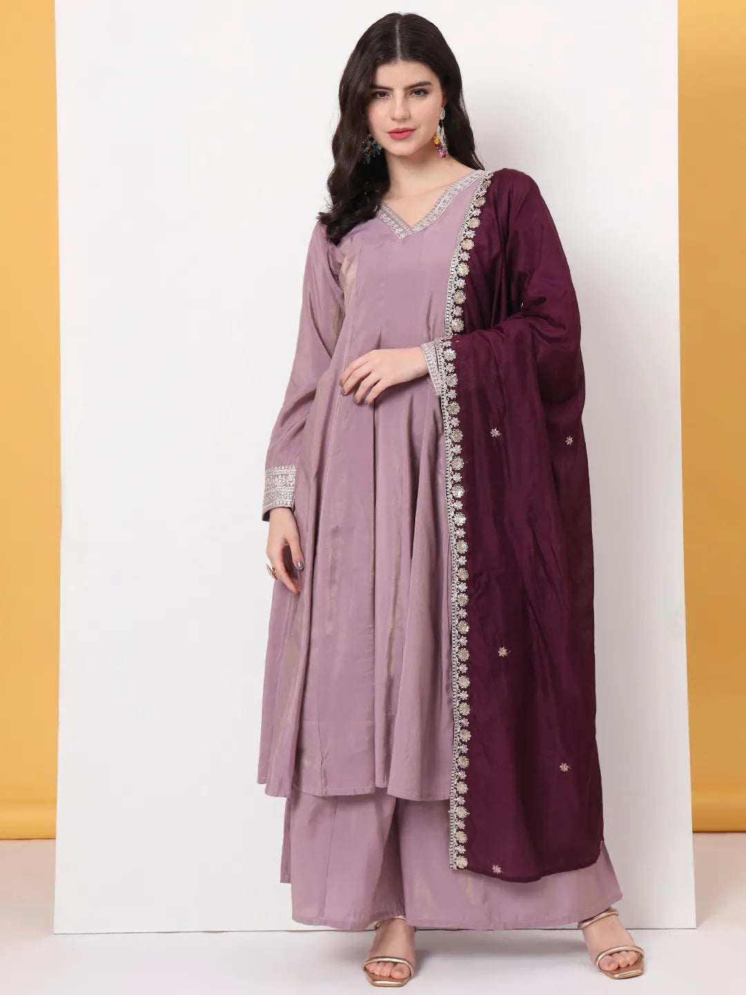 Yufta Silk Purple Anarkali Kurta Dupatta Palazzo Set | Grocsy