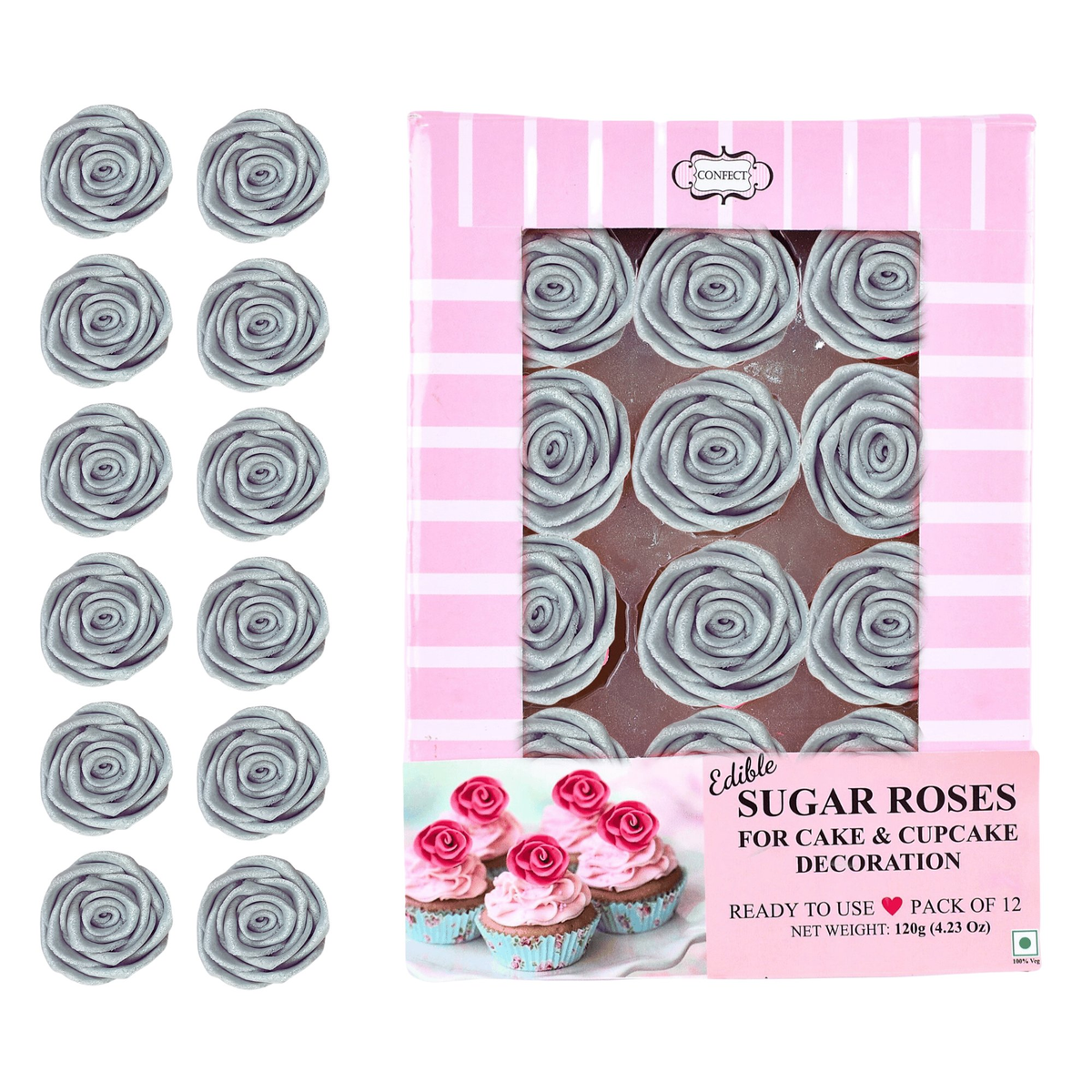 Confect Silver | Edible Metallic Sugar Roses Topper | Grocsy