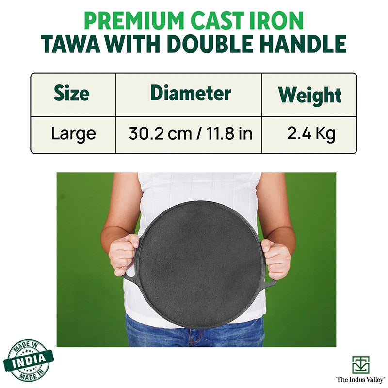 The Indus Valley CASTrong Cast Iron Roti/Dosa Tawa, Pre-seasoned, Nonstick, 100% Pure, Toxin-free, Gas & Induction,Spatula, 30.2cm, 2.4kg | Grocsy