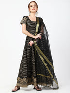 Cheera Women's Black Cotton Hand Block Print Long Dress With Silk Dupatta Set | Grocsy