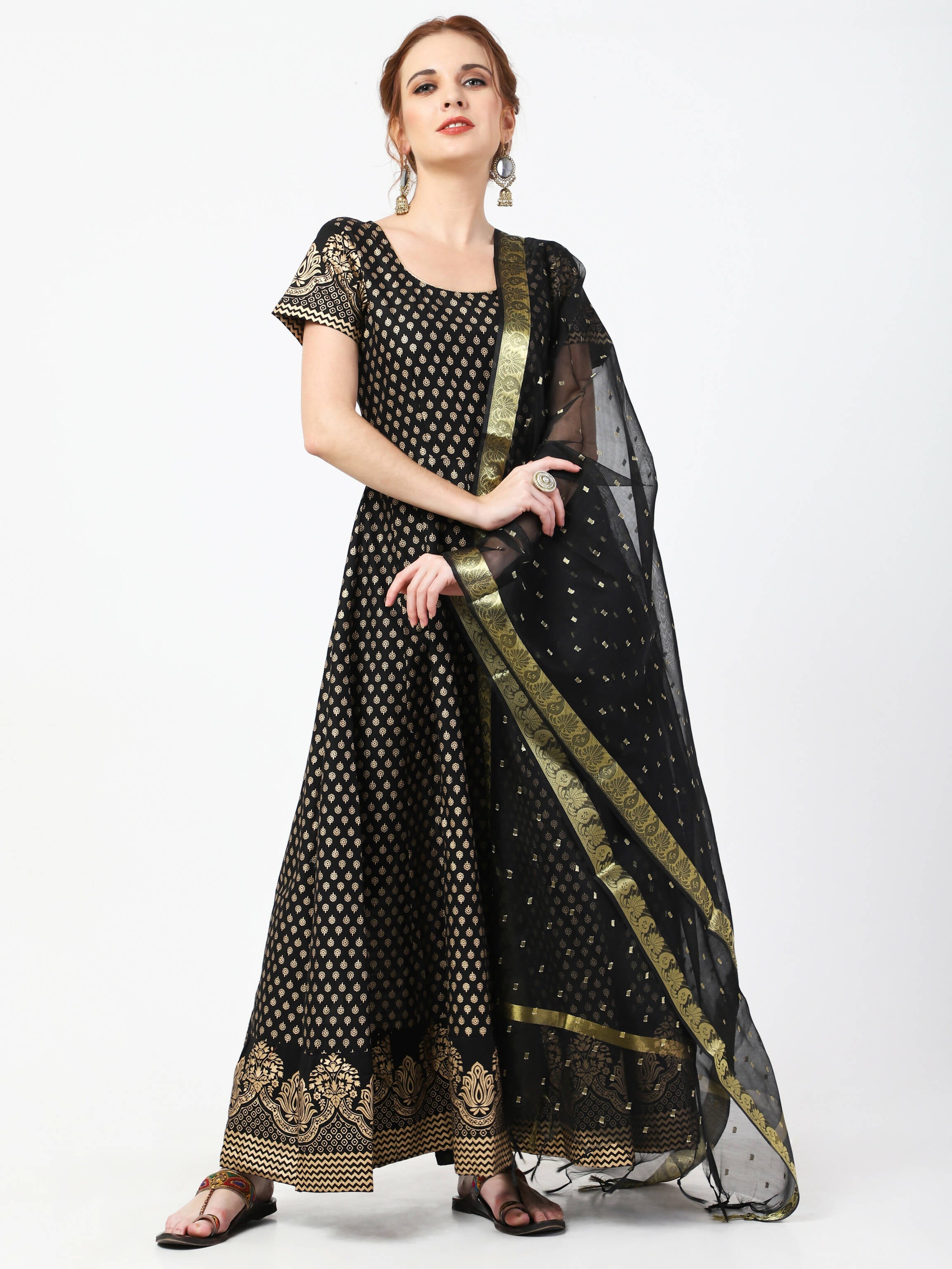 Cheera Women's Black Cotton Hand Block Print Long Dress With Silk Dupatta Set | Grocsy