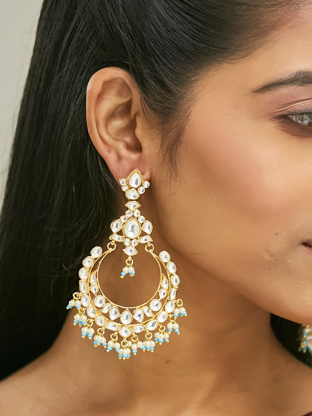 Nuyug 22K Gold-Plated Kundan Stone Studded & Pearl Beaded Chandbalis | Grocsy