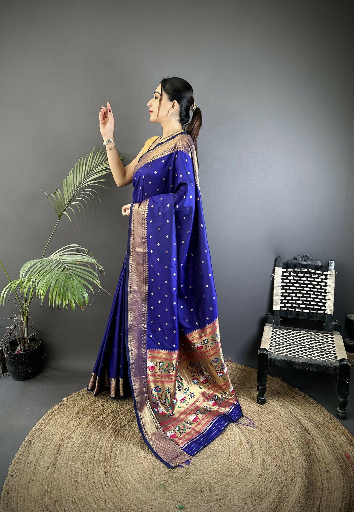 Joban Fashion Royal Blue Butti Woven Soft Lichi Silk Paithani Saree | Grocsy