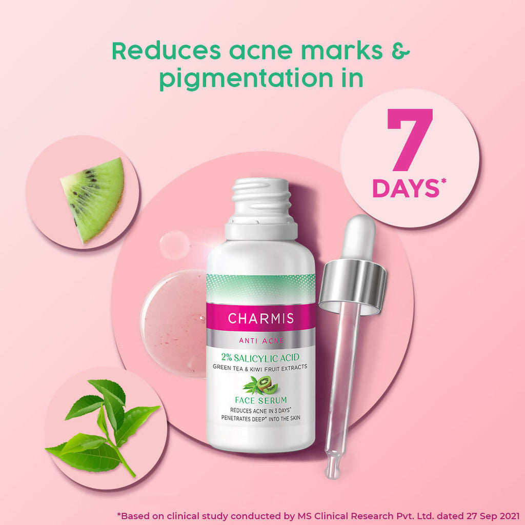 Charmis Anti Acne 2% Salicylic Acid Face Serum with Green Tea & Kiwi Extracts for Clear & Glowing Skin | Grocsy