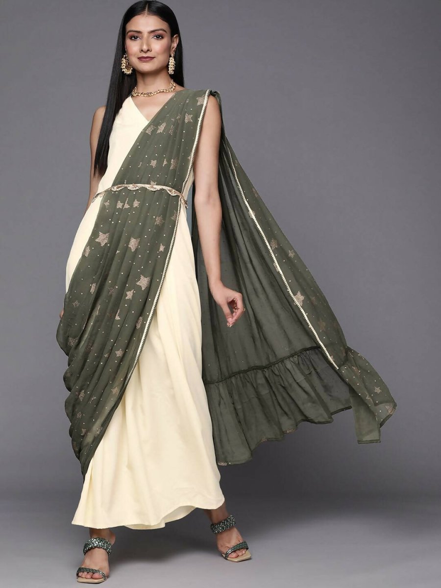 Ahalyaa Off White & Olive Green Ethnic Maxi Dress with Attached Dupatta | Grocsy