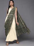 Ahalyaa Off White & Olive Green Ethnic Maxi Dress with Attached Dupatta | Grocsy