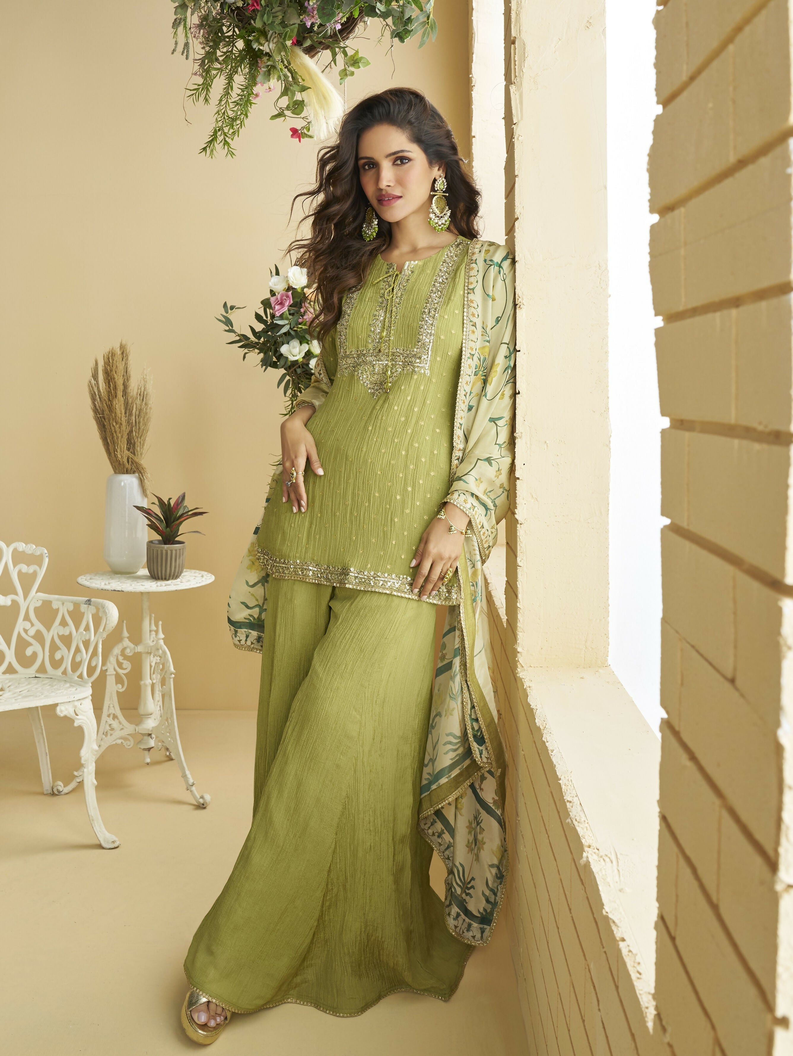 Anaita Green Chinon Readymade Palazzo Suit with Embroidery Sequence Work | Grocsy