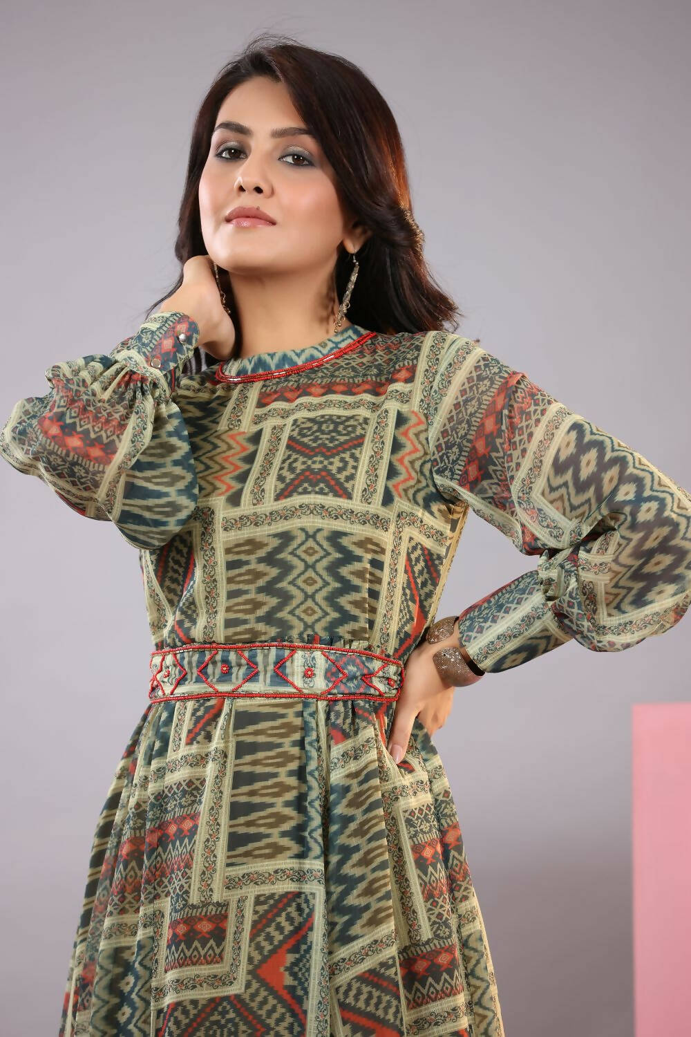 Juniper Women Green Chiffon Printed Maxi Dress | Grocsy