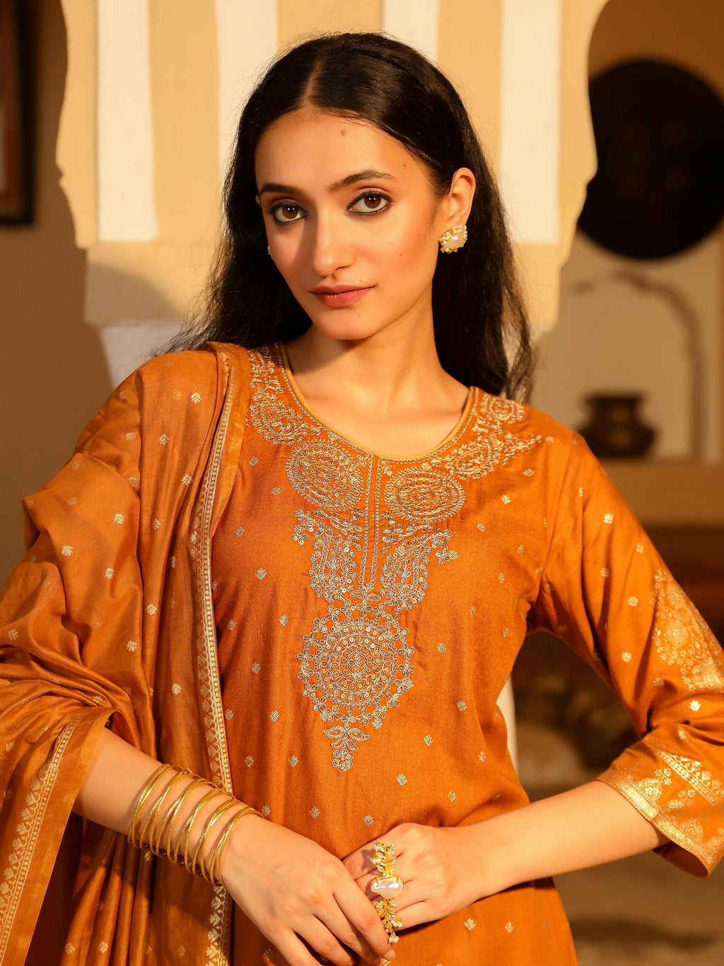 Juniper Women's The Swarn Mustard Ethnic Motif Printed Rayon Kurta Pant And Dupatta With Zari Work & Sequins | Grocsy