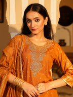 Juniper Women's The Swarn Mustard Ethnic Motif Printed Rayon Kurta Pant And Dupatta With Zari Work & Sequins | Grocsy