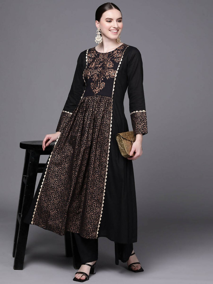 Ahalyaa Women Black Floral Printed Pure Cotton Kurta with Palazzos | Grocsy