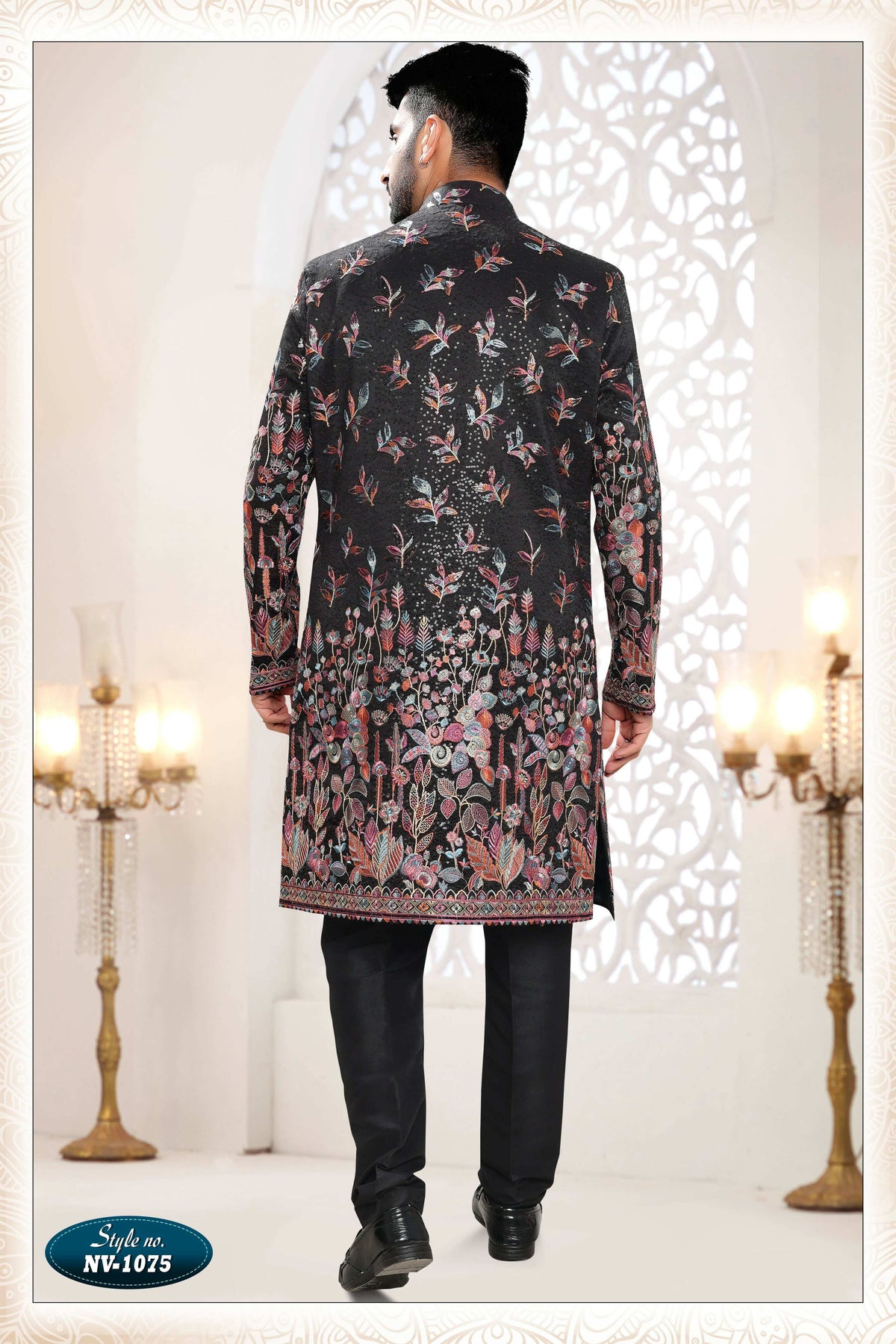 Joban Fashion Men's Black Straight Silk Thread And Sequence Embroidery All Over 3 Pc Kurta Set | Grocsy