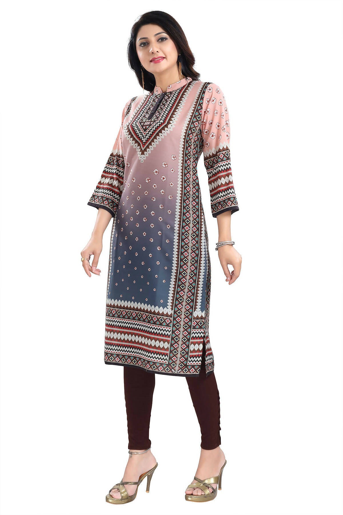 Snehal Creations Pinky Peach Designer Digital Print Masleen Fabric Long Kurti Tunic | Grocsy