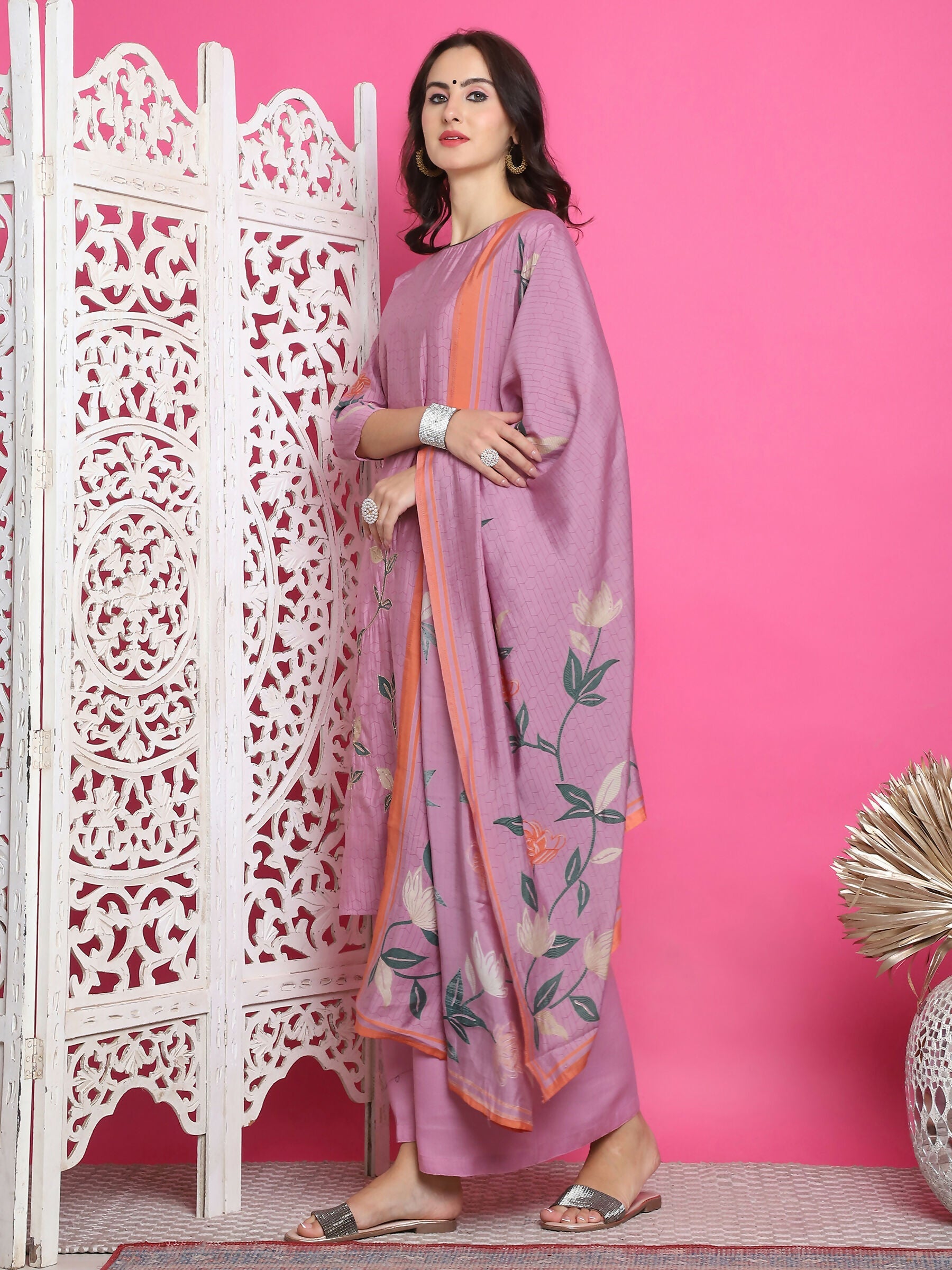 Jyoti Fashion Women's Purple Muslin Floral Print with Jari & Crystal work Kurta with Trouser & Dupatta | Grocsy