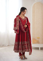 Teeya Creation Maroon Roman Silk Embroidery Work Party Wear Long Gown | Grocsy