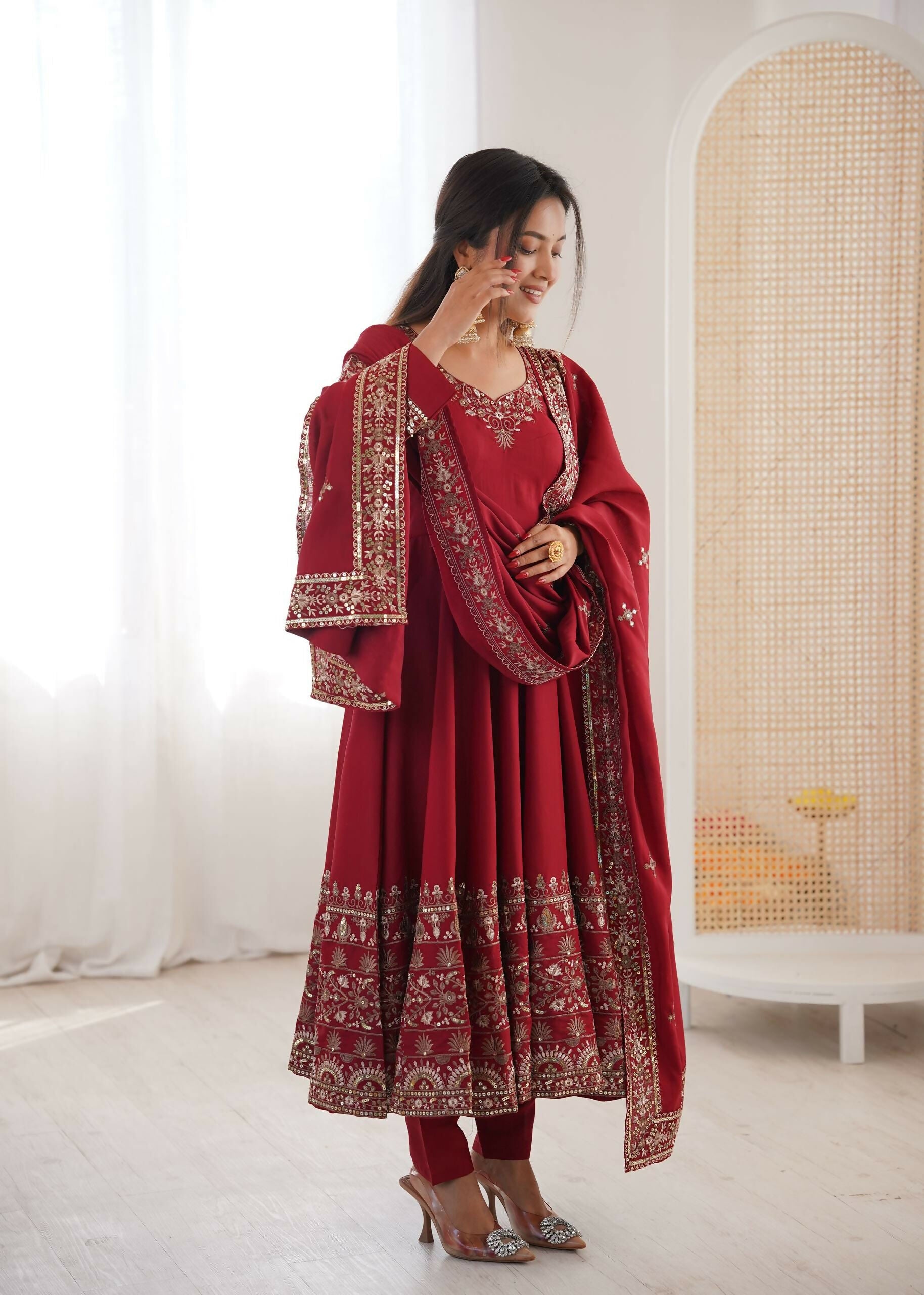 Teeya Creation Maroon Roman Silk Embroidery Work Party Wear Long Gown | Grocsy