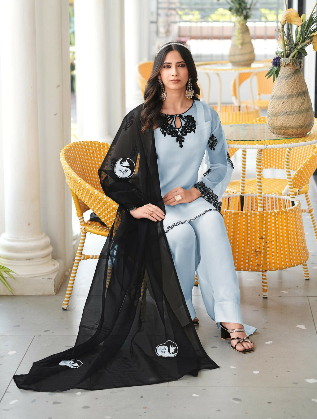 Nikhaar Light Blue Embroidered Organza Stitched Straight Cut Kurta Farshi Salwar Dupatta Readymade Suit | Grocsy