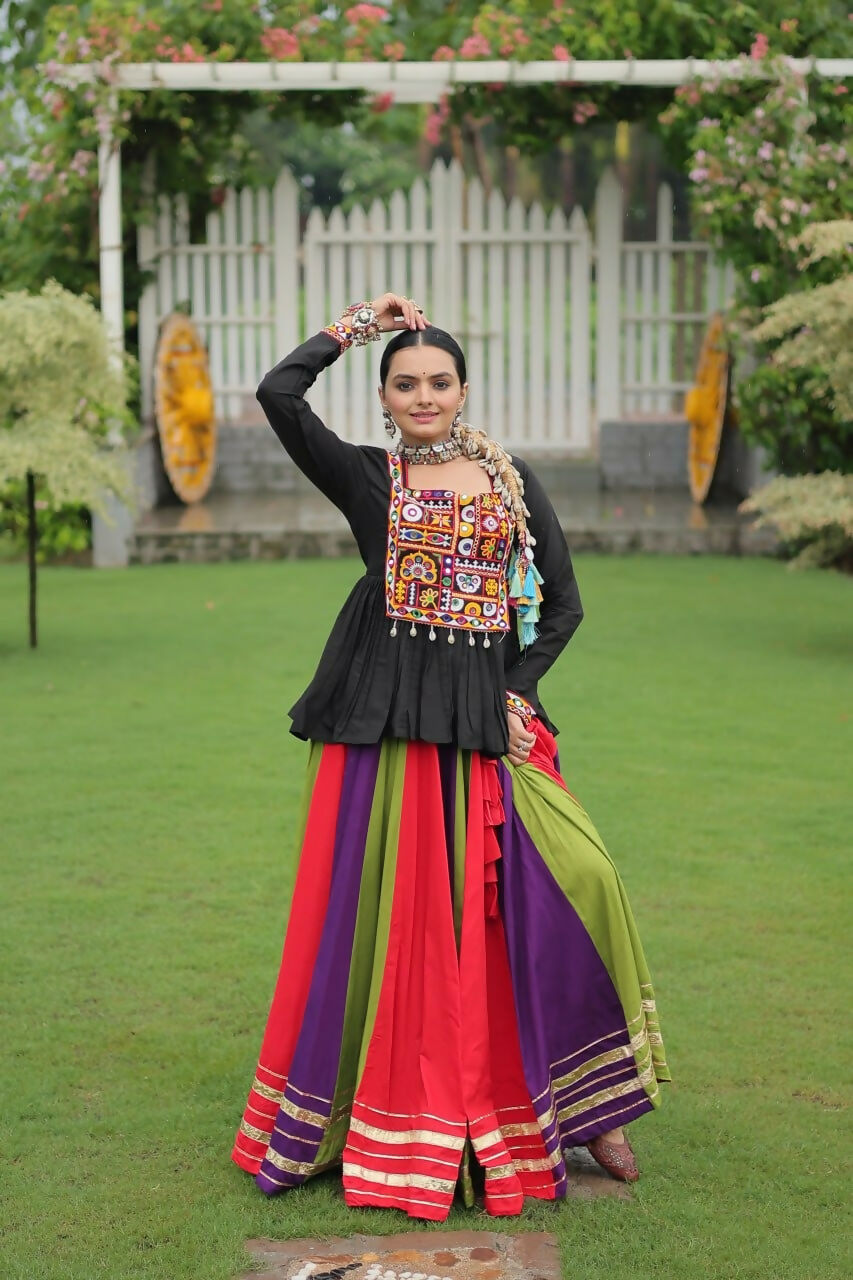 Teeya Creation Multi Colour Reyon Silk Gamathi Work Navratri lehenga Choli | Grocsy