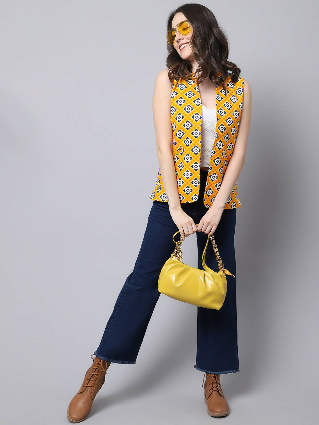 Even Apparels Yellow 100% Viscose Rayon Open Front Gillet | Grocsy