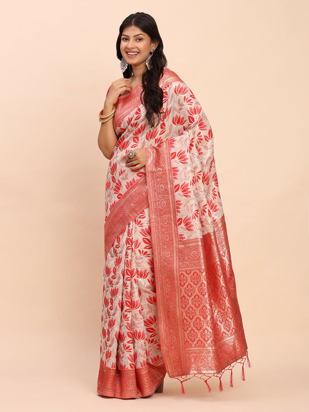 Shree Shyam Fashion Linen Cotton Red Saree | Grocsy