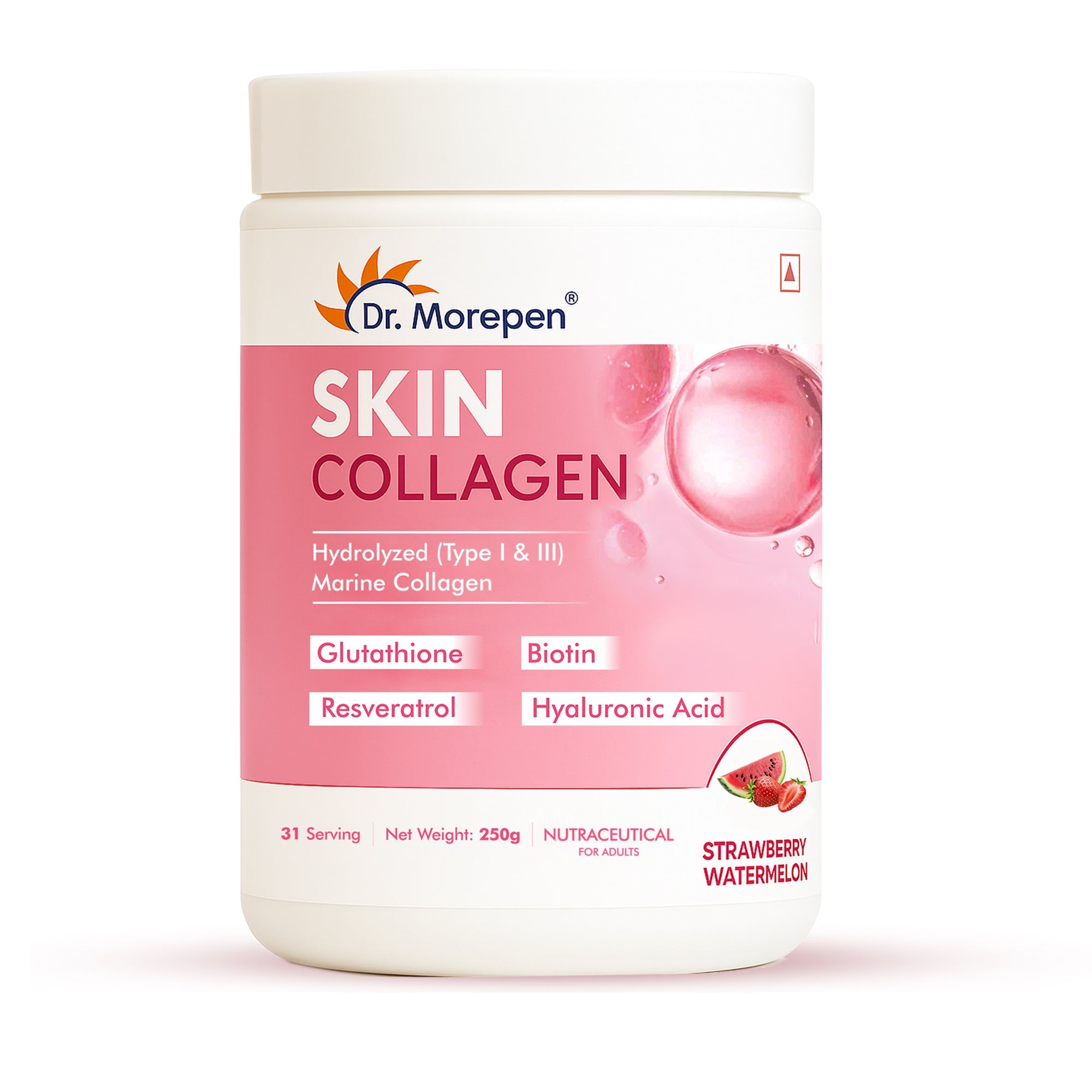 DR. Morepen Skin Collagen Powder with Glutathione, Hyaluronic Acid, Resveratrol &amp; Biotin Strawberry Watermelon Flavour | Grocsy