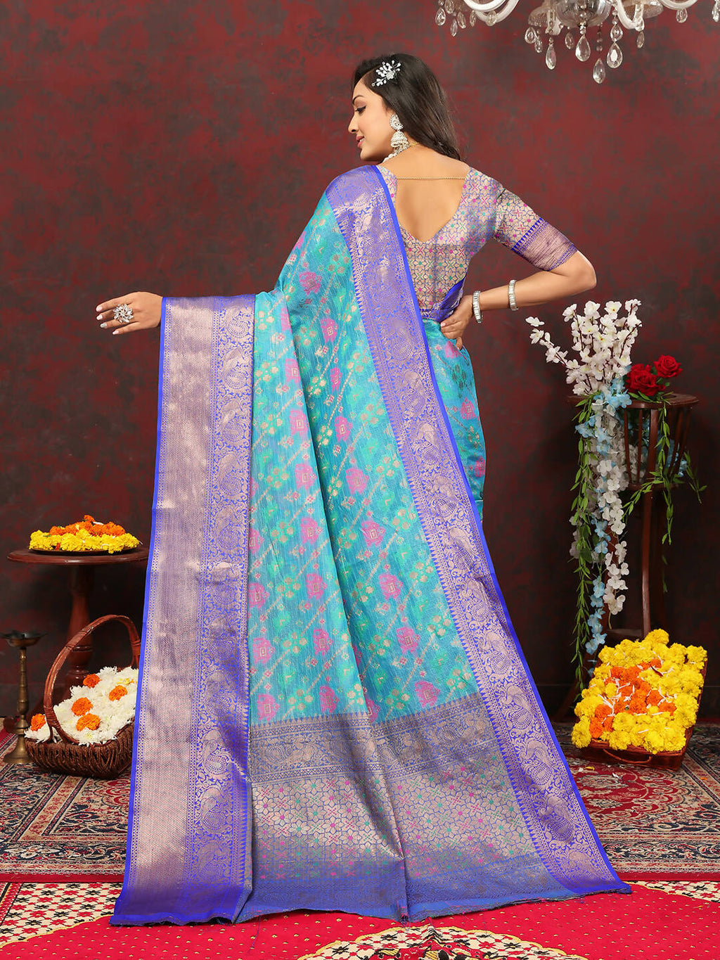 Lorenvalley Fashion Skyblue Cotton Woven Design Zari Meenakari Weaving Saree | Grocsy