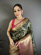 Prime Volt Pure Handloom Kanjivaram Katan Silk Saree with Antique Zari & Contrast Pallu-Green | Grocsy