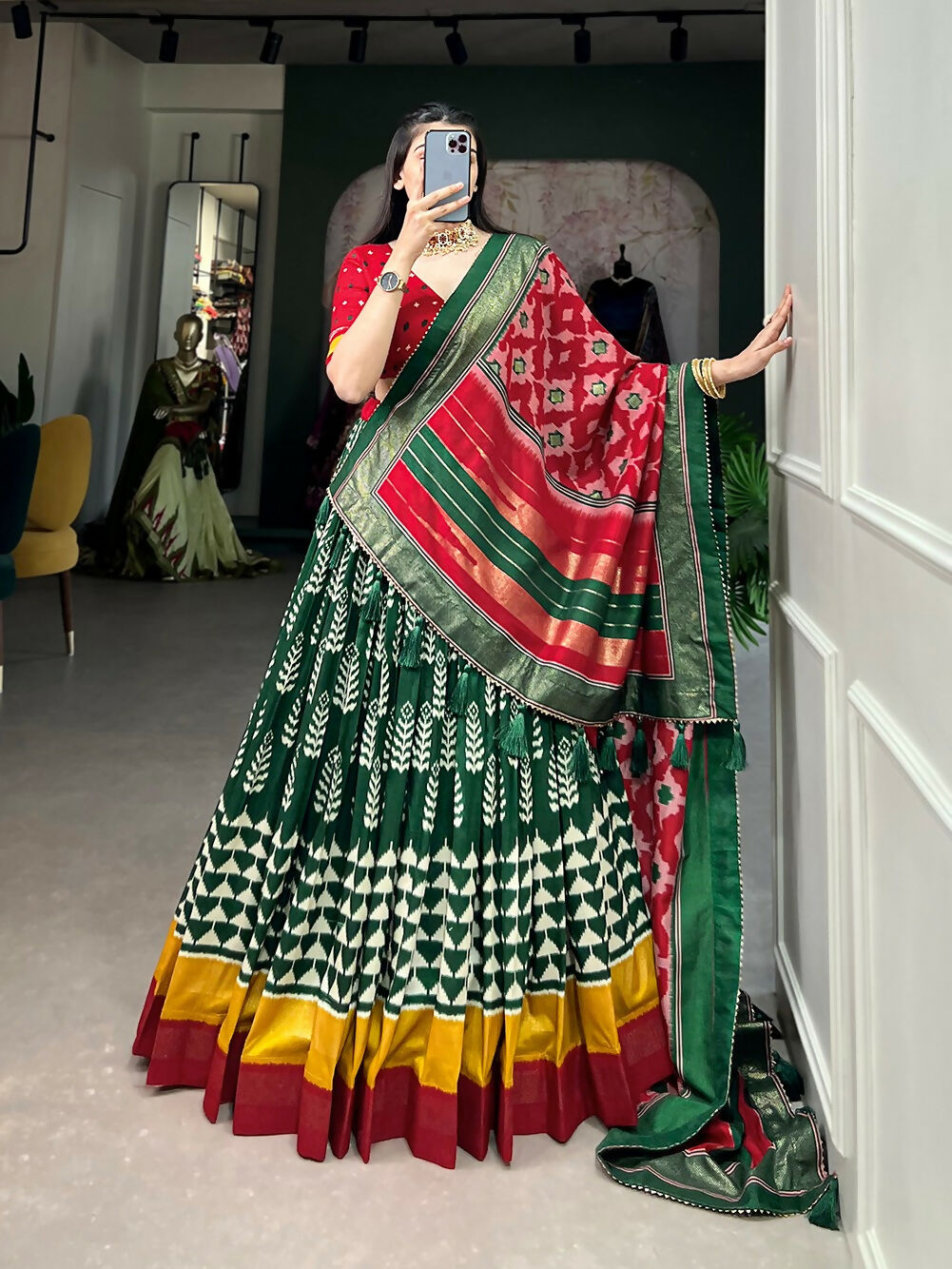 Vastranavya Traditional Printed Tusser Silk Lehenga Choli - Green | Grocsy