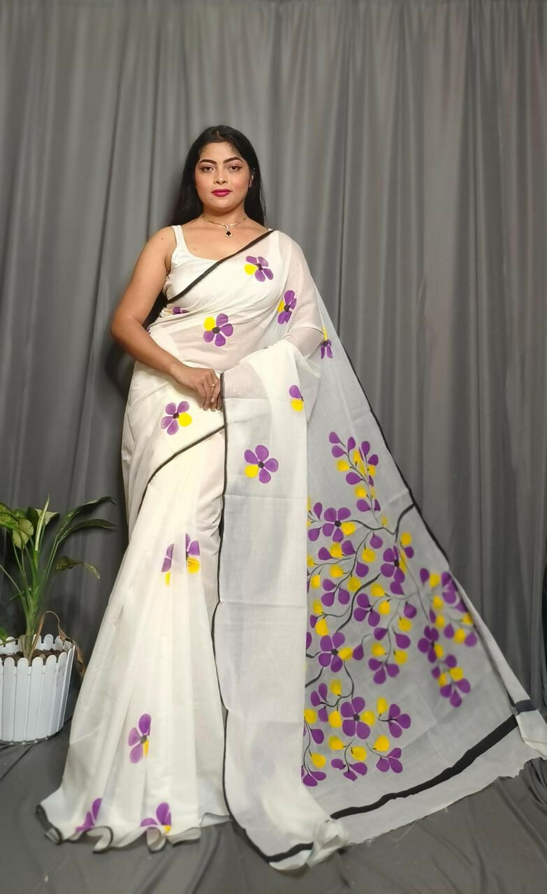 Exclusive Collection Beautiful White Purple Pure Cotton Hand Print Handloom Saree With Running Blouse Piece | Grocsy